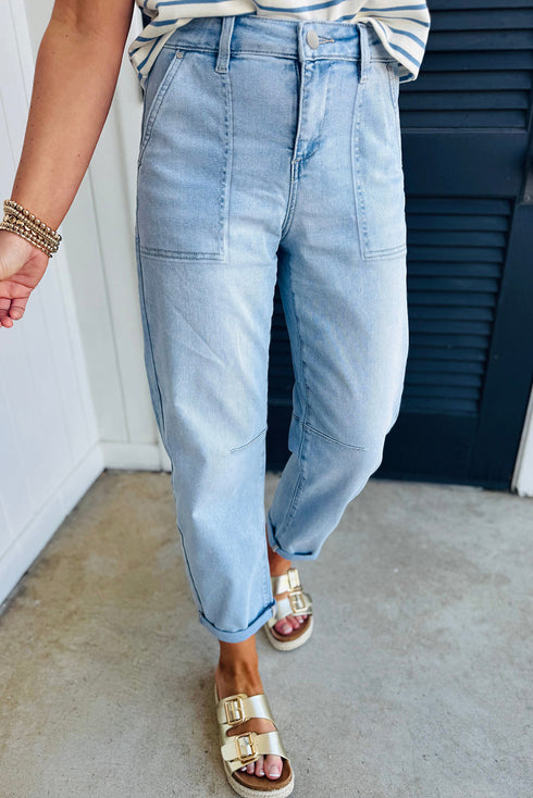 High Rise Barrel Leg Relaxed Fit Utility Patch Pocket Stretch Jeans